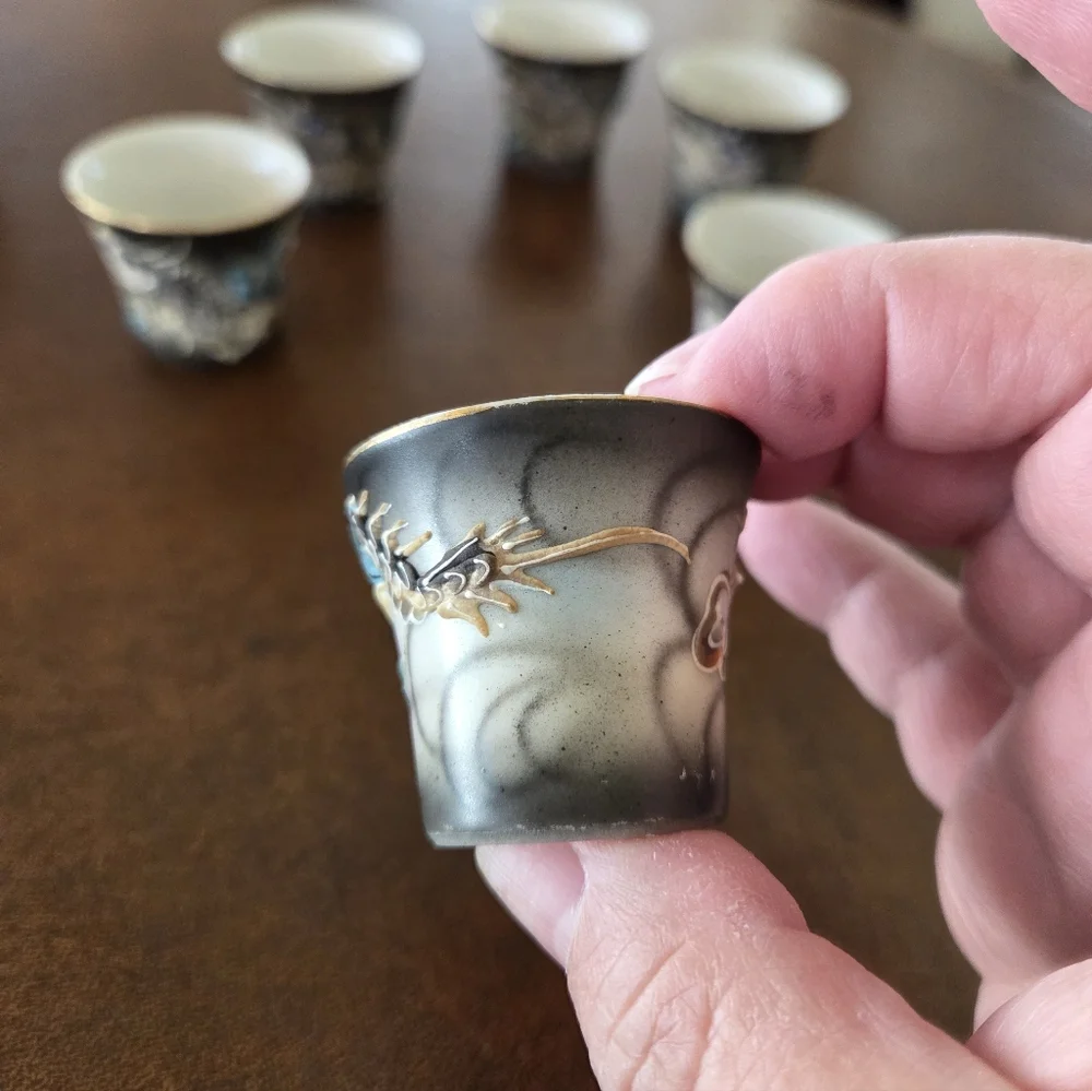 Japanese Moriage Dragonware Sake Cups With Lithopane Geisha Girl Image At Bottom